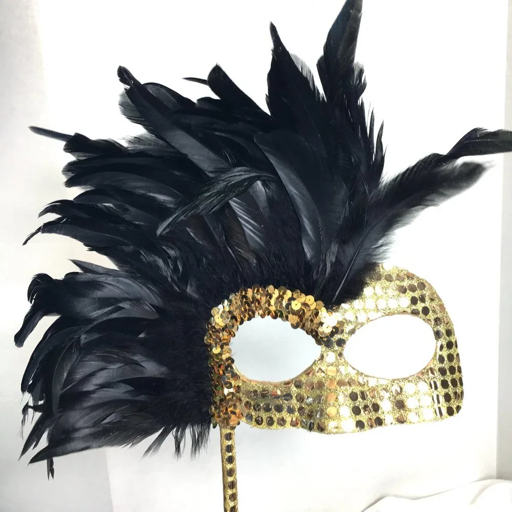 VENETIAN Harlequin Gold Sequin Mask w Blk Feathers w/ Handle NWOT NOS
